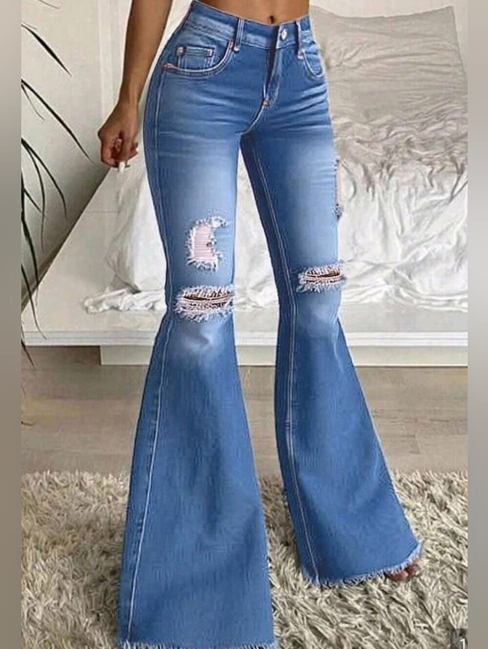 Shein Women's Mid-Rise Stretch Flare Distressed Ripped Raw Hem Jeans/ Denim